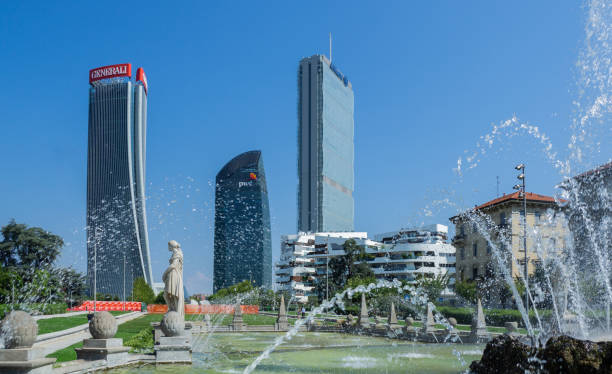 Milano, Italy. The iconic Generali, Allianz and PWC towers at CityLife district. Skyscraper which is part of a group of residential and business buildings. Modern buildings stock photo