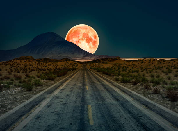 a desert road at night leading off into infinity with a huge full moon - desert road fotos imagens e fotografias de stock