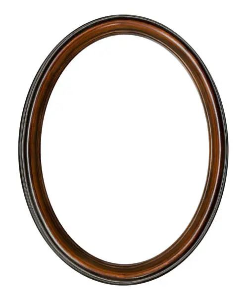 Vintage old retro wooden oval frame isolated on white background.