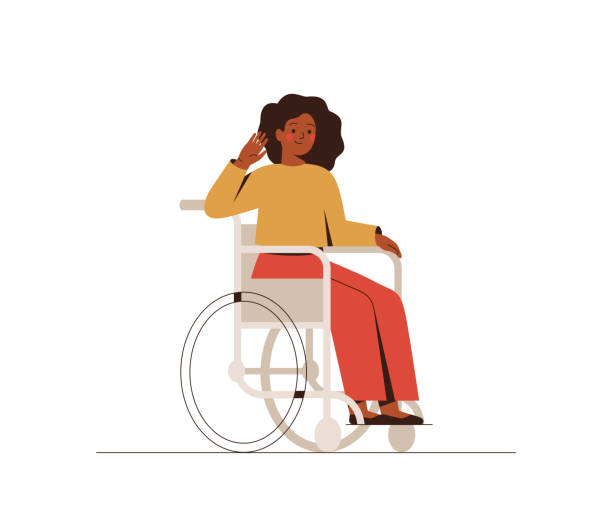 Black businesswoman in a wheelchair makes a greeting gesture. Young dark skin disabled girl in casual clothes sits in wheelchair and waving hand. Black businesswoman in a wheelchair makes a greeting gesture. Young dark skin disabled girl in casual clothes sits in wheelchair and waving hand. Flat cartoon vector illustration. cartoon of the saying goodbye stock illustrations