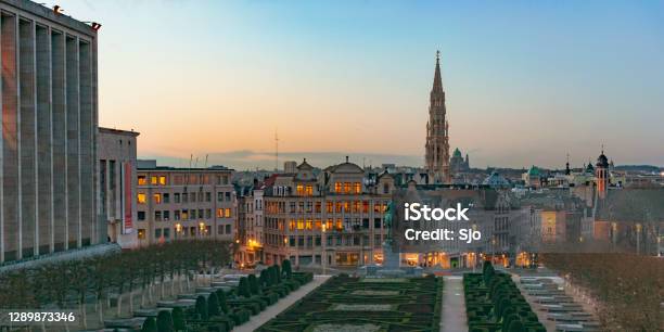 Sunset Over The City Center Of Brussels Seen From Mont Des Arts Hill Stock Photo - Download Image Now
