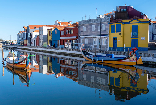 Canal of Ria, Aveiro. Traditional Moliceiro boats.