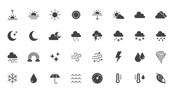 Weather flat icons set. Sun, rain, thunder storm, dew, wind, snow cloud, night sky black minimal vector illustrations. Simple glyph silhouette signs for web, forecast app.