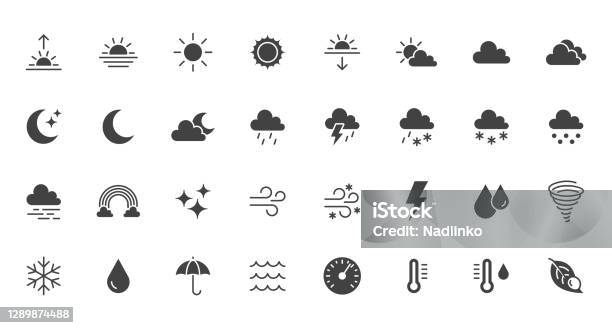 Weather Flat Icons Set Sun Rain Thunder Storm Dew Wind Snow Cloud Night Sky Black Minimal Vector Illustrations Simple Glyph Silhouette Signs For Web Forecast App Stock Illustration - Download Image Now