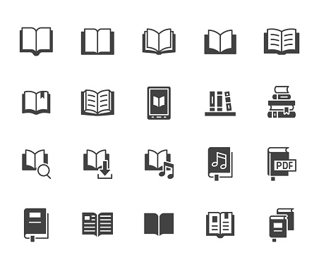 Book flat icons set. Open books, dictionary, bible, audio novel, dictionary, literature education black minimal vector illustrations. Simple glyph silhouette signs for web library app.