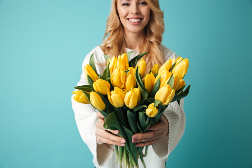 Cropped image of a beautiful young blonde woman in sweater holding yellow tulips bouquet isolated over blue background