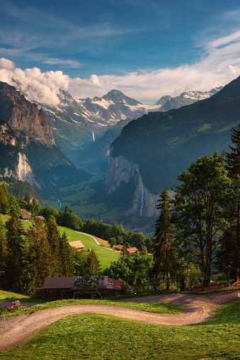 Lauterbrunnen valley located in the Swiss Alps near Interlaken in the Bernese Oberland of Switzerland, also known as the Valley of waterfalls. Viewed from the alpine village of Wengen.