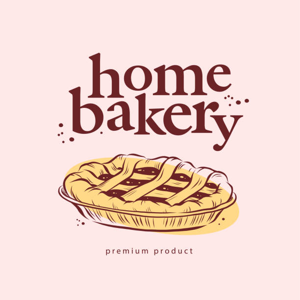 illustrations, cliparts, dessins animés et icônes de conception de logo de boulangerie à la maison avec l’illustration douce dessinée à la main de tarte. - retro revival baking domestic kitchen food