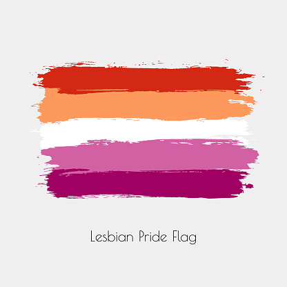 Lesbian lgbt vector watercolor flag. Hand drawn ink dry brush stains, strokes, stripes, horizontal lines isolated on white background. Painted colorful symbol of non-binary, pride, rights equality.