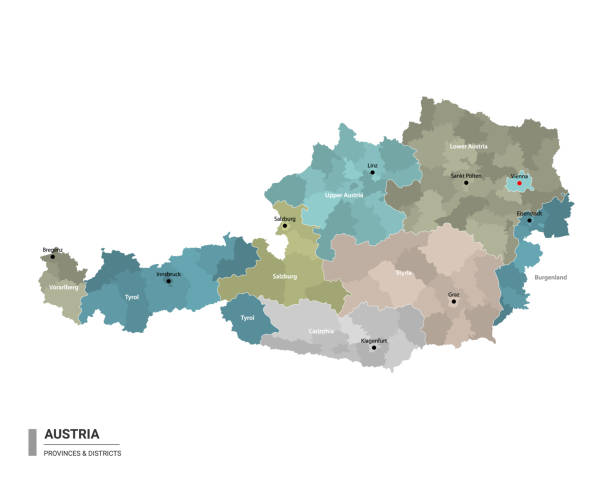 austria higt szczegółowa mapa z podpodziałów. mapa administracyjna austrii z nazwami okręgów i miast, zabarwiona według państw i okręgów administracyjnych. ilustracja wektorowa. - bregenzwald stock illustrations