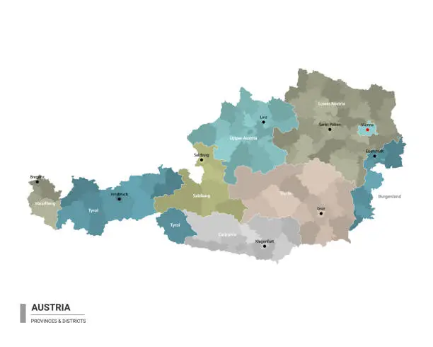 Vector illustration of Austria higt detailed map with subdivisions. Administrative map of Austria with districts and cities name, colored by states and administrative districts. Vector illustration.