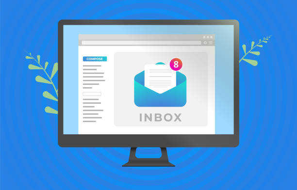 e-mail-posteingangs-nachrichtenschnittstelle auf dem computerbildschirm. benachrichtigung über das neue symbol für ungelesene e-mails. e-mail-kommunikationssoftware für dasgeschäftskonzept. vektor-illustration mit blauem hintergrund - e mail posteingang stock-grafiken, -clipart, -cartoons und -symbole
