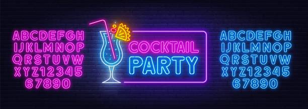Cocktail Party neon sign on brick wall background. Cocktail Party neon sign on brick wall background. Blue and pink neon alphabets. Template for the design. blue hawaiian stock illustrations