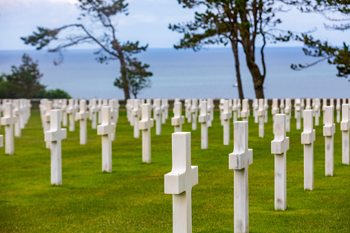 American Cemetery with white marble tombstones close to Omaha Beach; Colleville-sur-Ville, France.