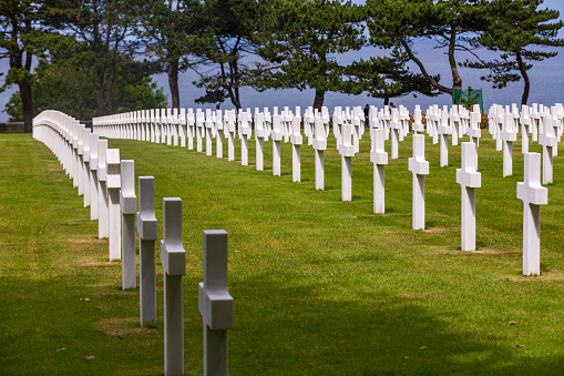 American Cemetery with white marble tombstones close to Omaha Beach; Colleville-sur-Ville, France.