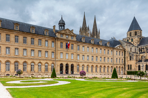 exterior of the Abbaye aux Hommes or Abbey of Saint-Etienne, a former Benedictine monastery, and the town hall of Caen; Caen, Normandy