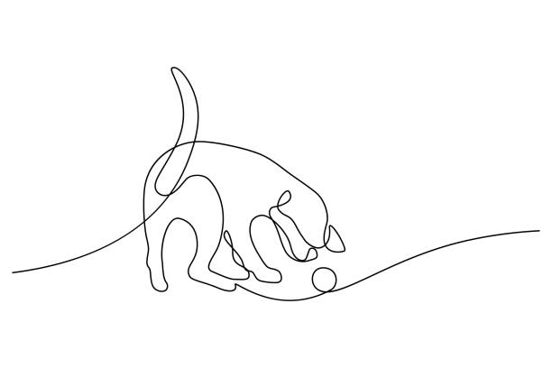 Dog playing with a ball Playful dog in continuous line art drawing style. Puppy playing with a ball minimalist black linear sketch isolated on white background. Vector illustration pet toy stock illustrations