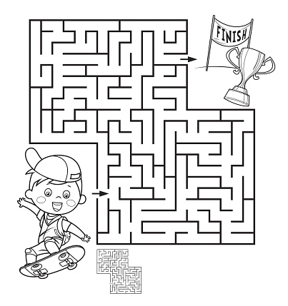 Vector Coloring Page Outline Of Boy on the skateboard. Labyrinth