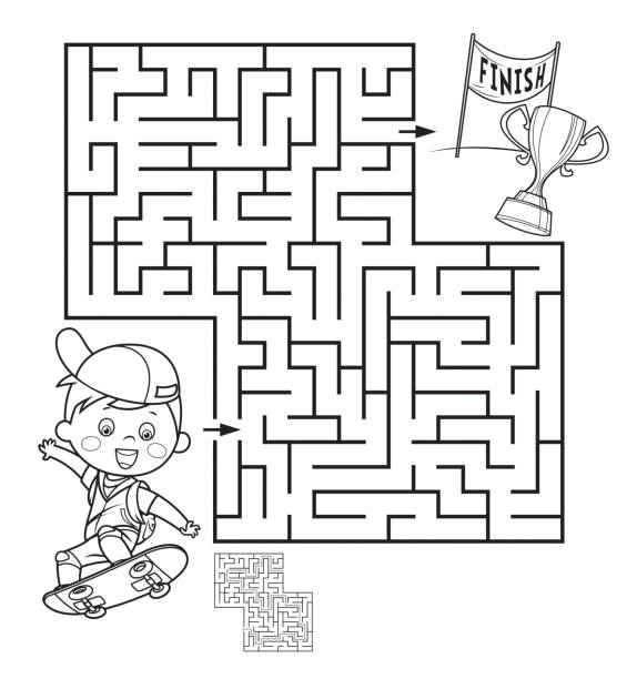 Coloring Page Outline Of Boy on the skateboard. Labyrinth Vector Coloring Page Outline Of Boy on the skateboard. Labyrinth kids coloring pages stock illustrations