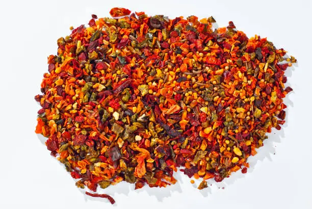 Photo of A mixture of different spices close up. Texture with colorful spices and condiments on a white background.