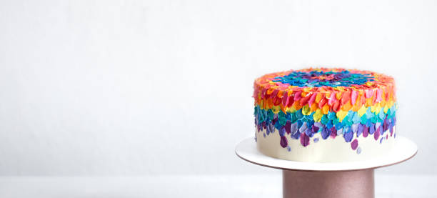 istock Colorful big handmade birthday cake copy space. 1289886699
