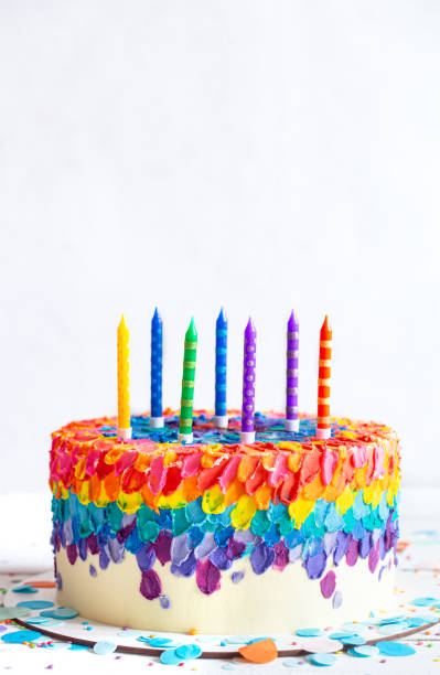 istock Handmade colorful big birthday cake with multicolored candles. 1289886725