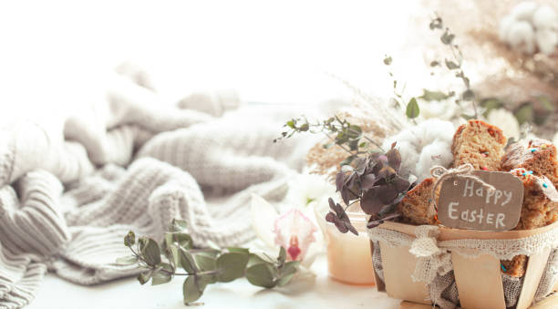 istock Happy Easter composition with pieces of Easter cake in a decorative basket and eggs. 1289886972