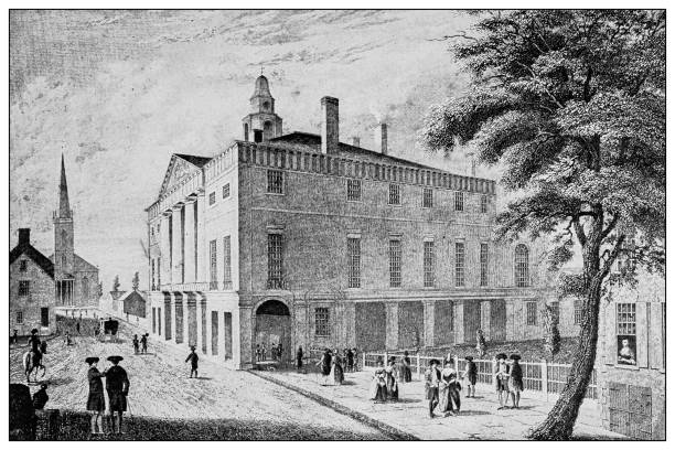 New York financial district buildings: Federal Hall, Trinity Church, Wall Street, 1789 New York financial district buildings: Federal Hall, Trinity Church, Wall Street, 1789 nyse building stock illustrations