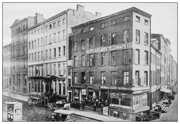 New York financial district buildings: Wall street, Southeast corner of Broad Street New York financial district buildings: Wall street, Southeast corner of Broad Street nyse building stock illustrations