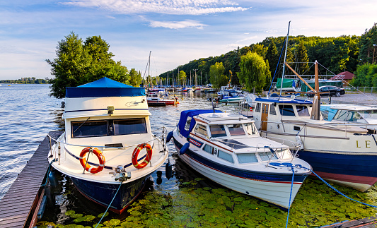 Zegrze, Poland - August 2, 2020: Yacht marina in Zegrze resort town at Narew river and Zegrzynskie Reservoir Lake in Mazovia region, near Warsaw
