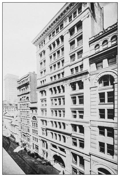 New York financial district buildings: Manhattan Company Bank and Merchant's National Bank New York financial district buildings: Manhattan Company Bank and Merchant's National Bank nyse building stock illustrations