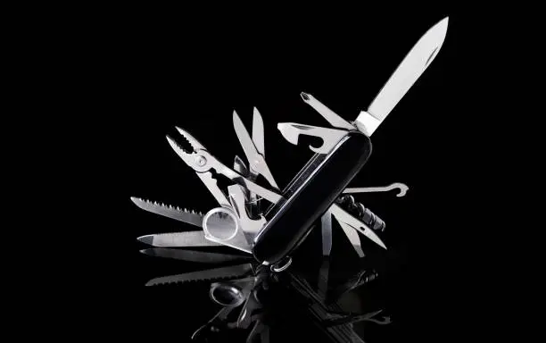 multipurpose pocket knife on black background