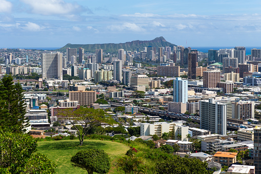 Panorama of developed area close to Hawaii capital city, for residents and tourists.