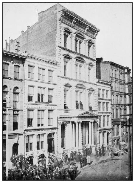 New York financial district buildings: Broad Street, 1868 New York financial district buildings: Broad Street, 1868 nyse building stock illustrations