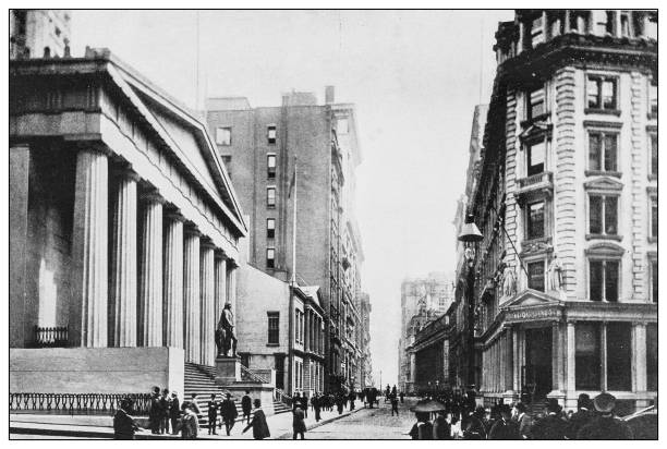 ilustrações de stock, clip art, desenhos animados e ícones de new york financial district buildings: us sub treasury and us assay office - wall street stock exchange new york city new york stock exchange