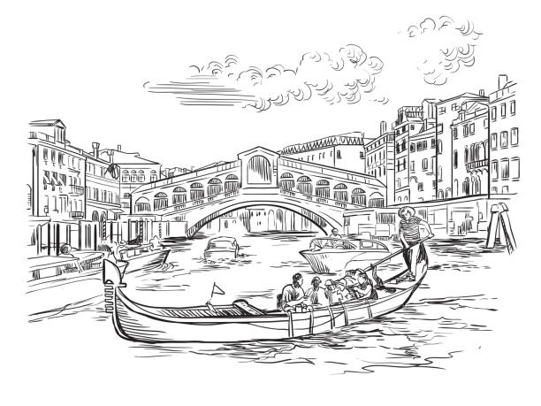 ilustraciones, imágenes clip art, dibujos animados e iconos de stock de venecia horizonte dibujo a mano ilustración vectorial puente de rialto - rialto bridge italy venice italy nautical vessel