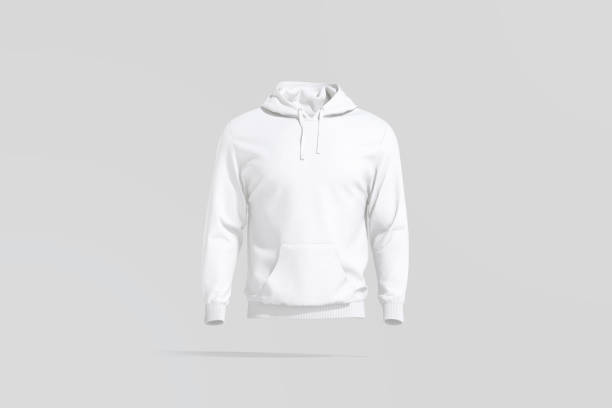 Blank white sport hoodie with hood mockup, gray background Blank white sport hoodie with hood mockup, gray background, 3d rendering. Empty fleece sweatshirt model mock up, front view. Clear cotton male long tolstovka template. round neckline stock pictures, royalty-free photos & images