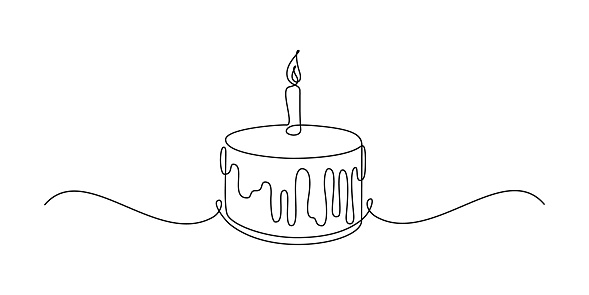 Birthday cake in continuous line art drawing style. Traditional birthday cake with candle on the top minimalist black linear sketch isolated on white background. Vector illustration