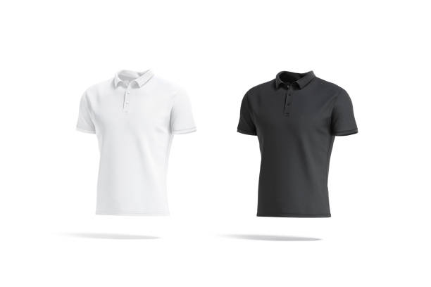 Blank black and white polo shirt mockup, side view Blank black and white polo shirt mockup, side view, 3d rendering. Empty casual jersey clothing with collar mock up, isolated. Clear textile male tee-shirt for golf uniform template. polo shirt stock pictures, royalty-free photos & images
