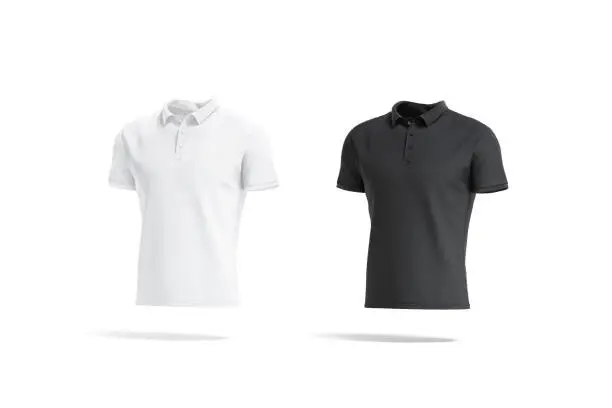 Blank black and white polo shirt mockup, side view, 3d rendering. Empty casual jersey clothing with collar mock up, isolated. Clear textile male tee-shirt for golf uniform template.