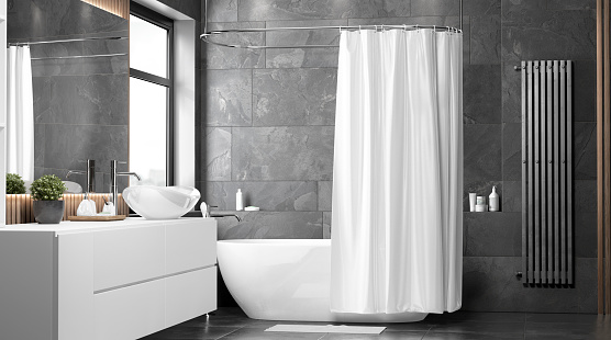 Blank white half open shower curtain mockup, front view