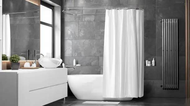 Photo of Blank white half open shower curtain mockup, front view