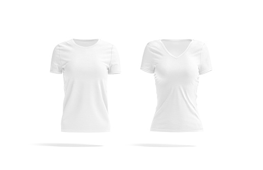 Blank white women slimfit and classic t-shirt mockup, front view, 3d rendering. Empty cotton undershirt model mock up, isolated. Clear slim and basic textile female garment template.