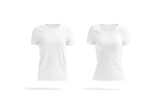 Blank white women slimfit and classic t-shirt mockup, front view, 3d rendering. Empty cotton undershirt model mock up, isolated. Clear slim and basic textile female garment template.
