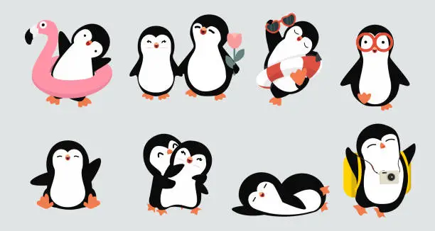 Vector illustration of Cute hand drawn  little penguins poses vector collection
