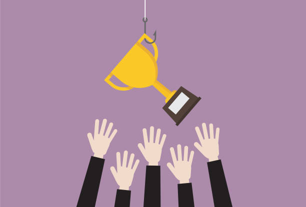Business people grab a trophy Achievement, Award, Breaking New Ground, Winning, Office, Worker cartoon fishing hook stock illustrations