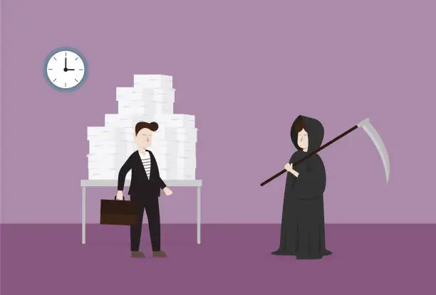 Vector illustration of White collar worker and grim reaper in a office
