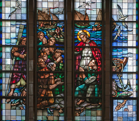Brussels - Miracle fishing from windowpane of National Basilica of the Sacred Heart.