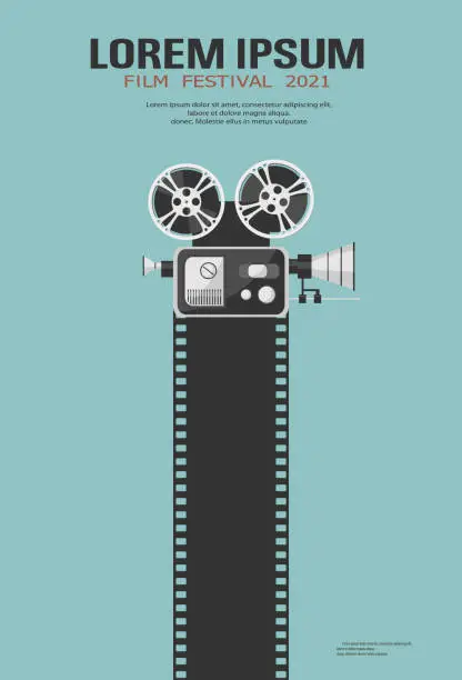 Vector illustration of Vintage movie projector or camcorder with black filmstrip. Cinema movie festival poster. Cinema background with place for text. Film design for festival, banner, flyer, leaflet, brochure, poster.