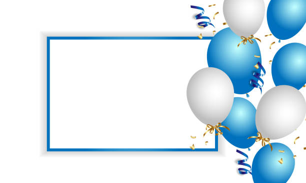 Festive banner with blue confetti and balloons Festive banner with blue confetti and balloons streamers and confetti stock illustrations